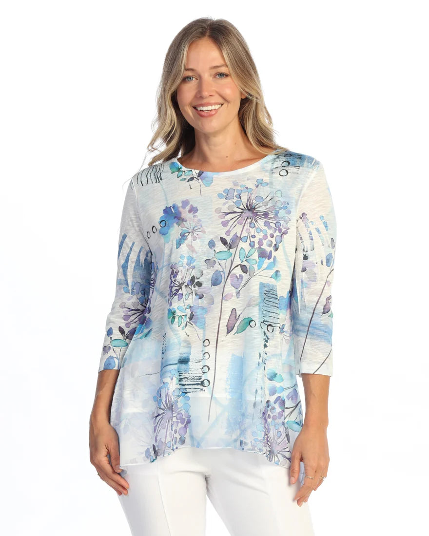 JESS & JANE Chiffon Round Neck Contrast Tunic Top w/ 3/4 Sleeves - 63-2286 - WISHFUL