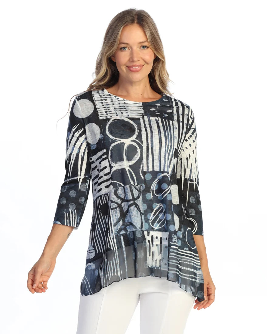 JESS & JANE Chiffon Round Neck Contrast Tunic Top w/ 3/4 Sleeves - 63-2300 - BOOGIE