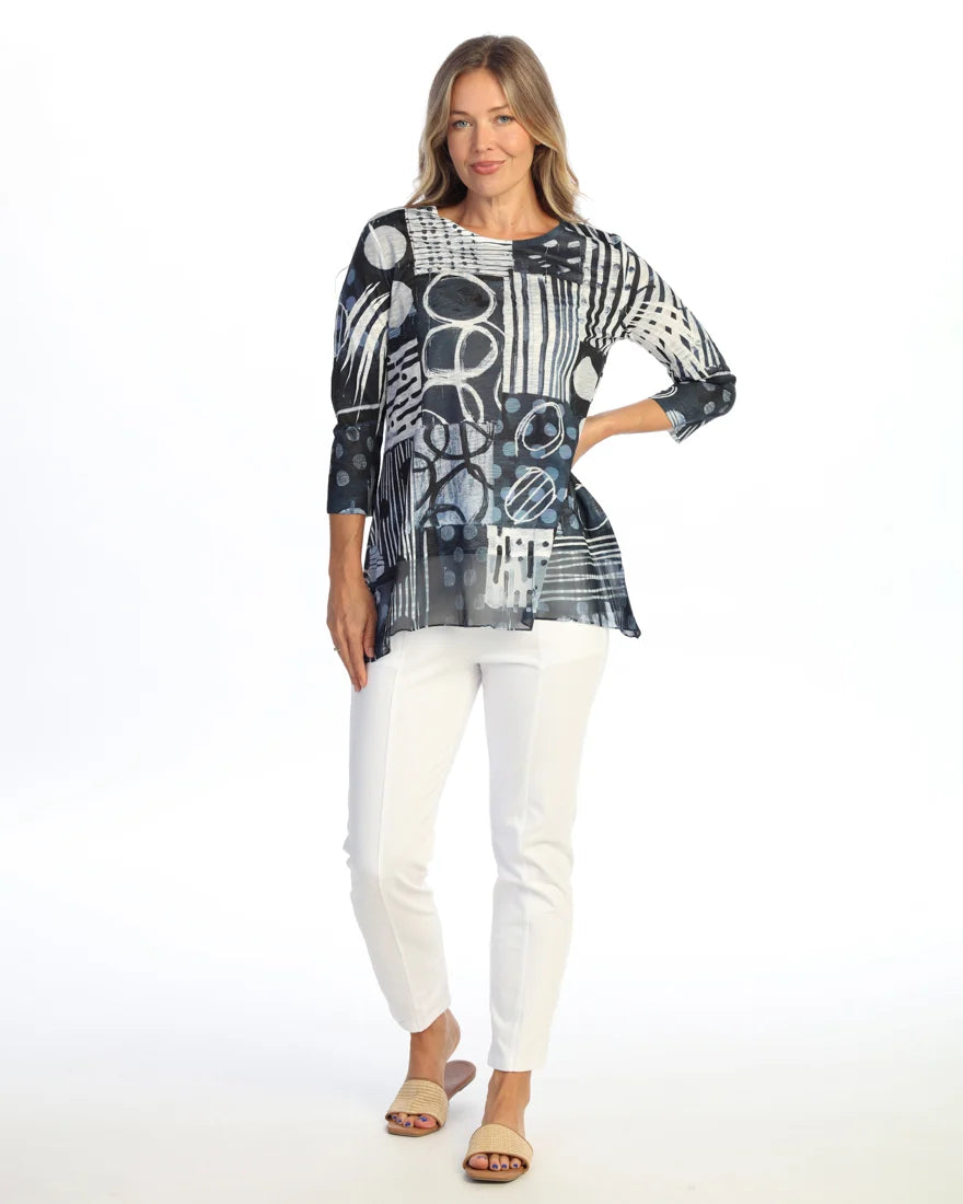 JESS & JANE Chiffon Round Neck Contrast Tunic Top w/ 3/4 Sleeves - 63-2300 - BOOGIE