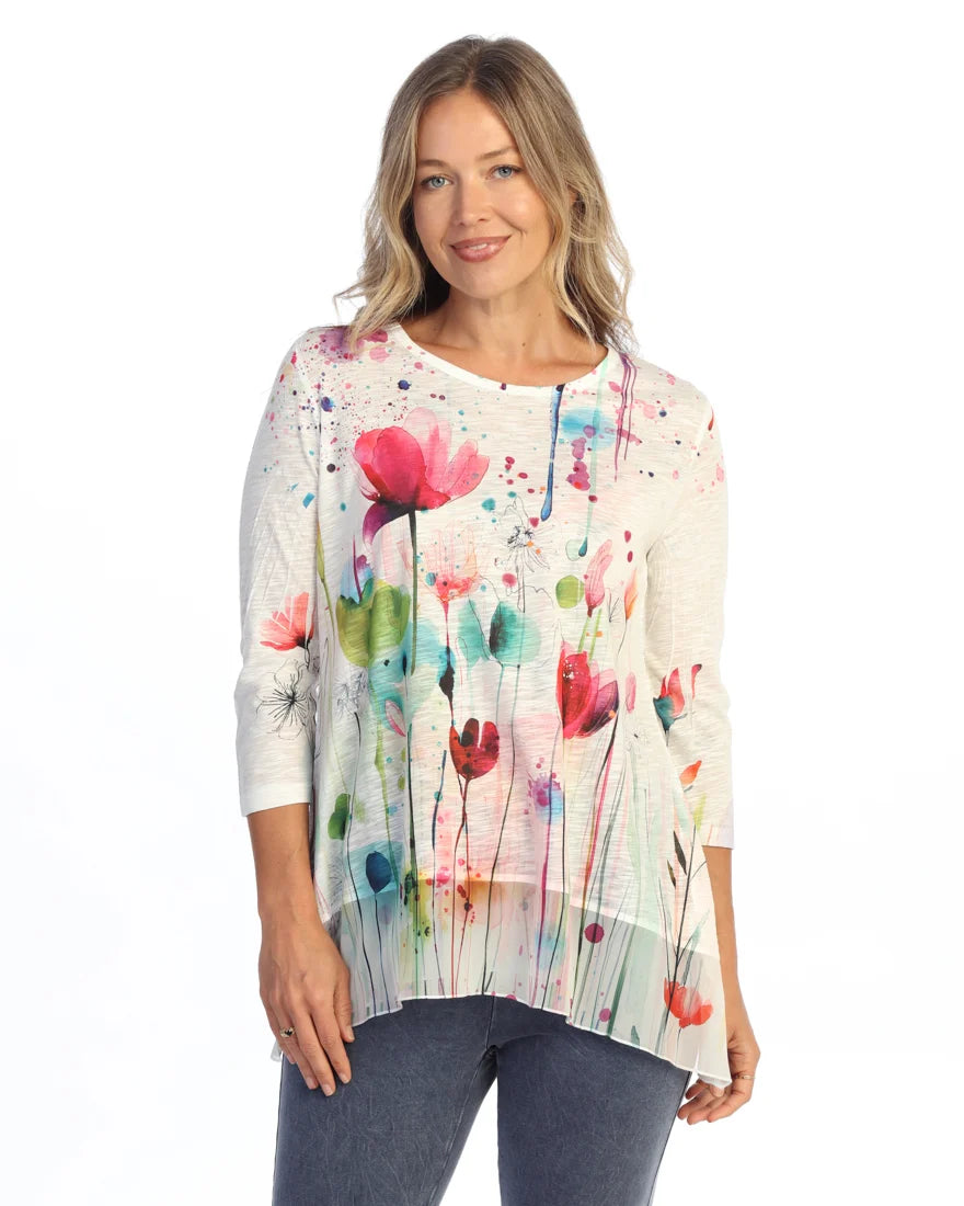 JESS & JANE Chiffon Round Neck Contrast Tunic Top w/ 3/4 Sleeves - 63-2312 - PRIMAVERA