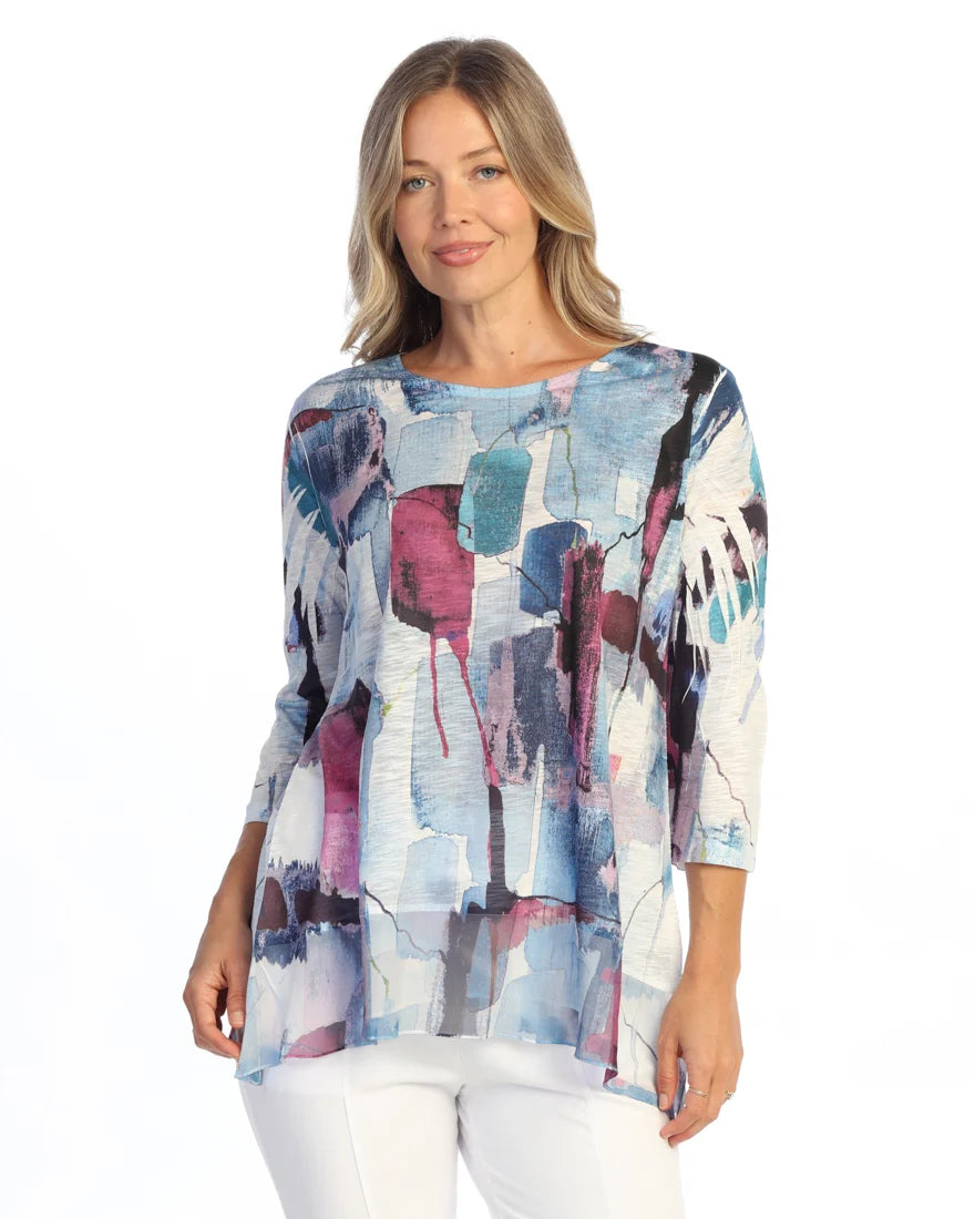 JESS & JANE Chiffon Round Neck Contrast Tunic Top w/ 3/4 Sleeves - 63-2325 - LAGUNA