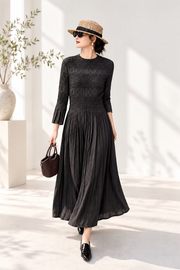 Vanite Couture Textured Pleated Solid Dress - 6306-1 - BLACK