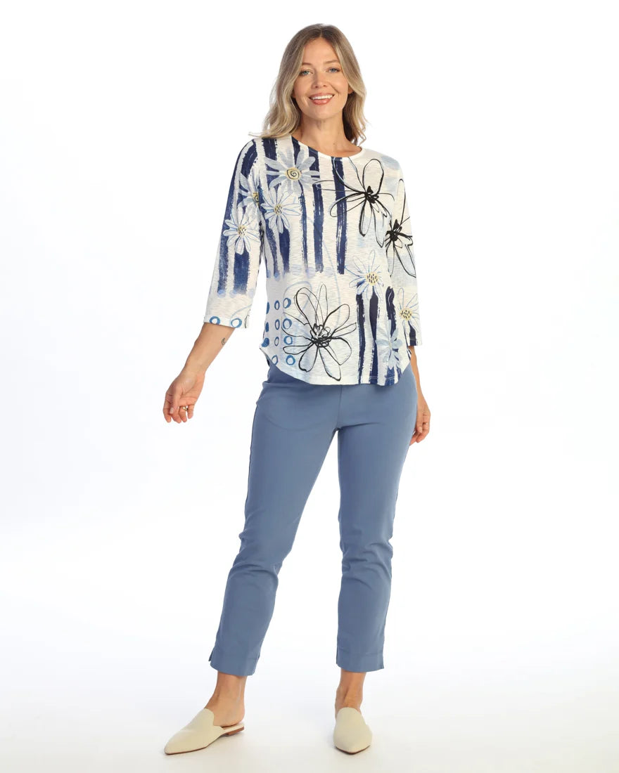 JESS & JANE Round Hem Long Sleeve Slub Top - 64-2290 - BLUE BLOOM