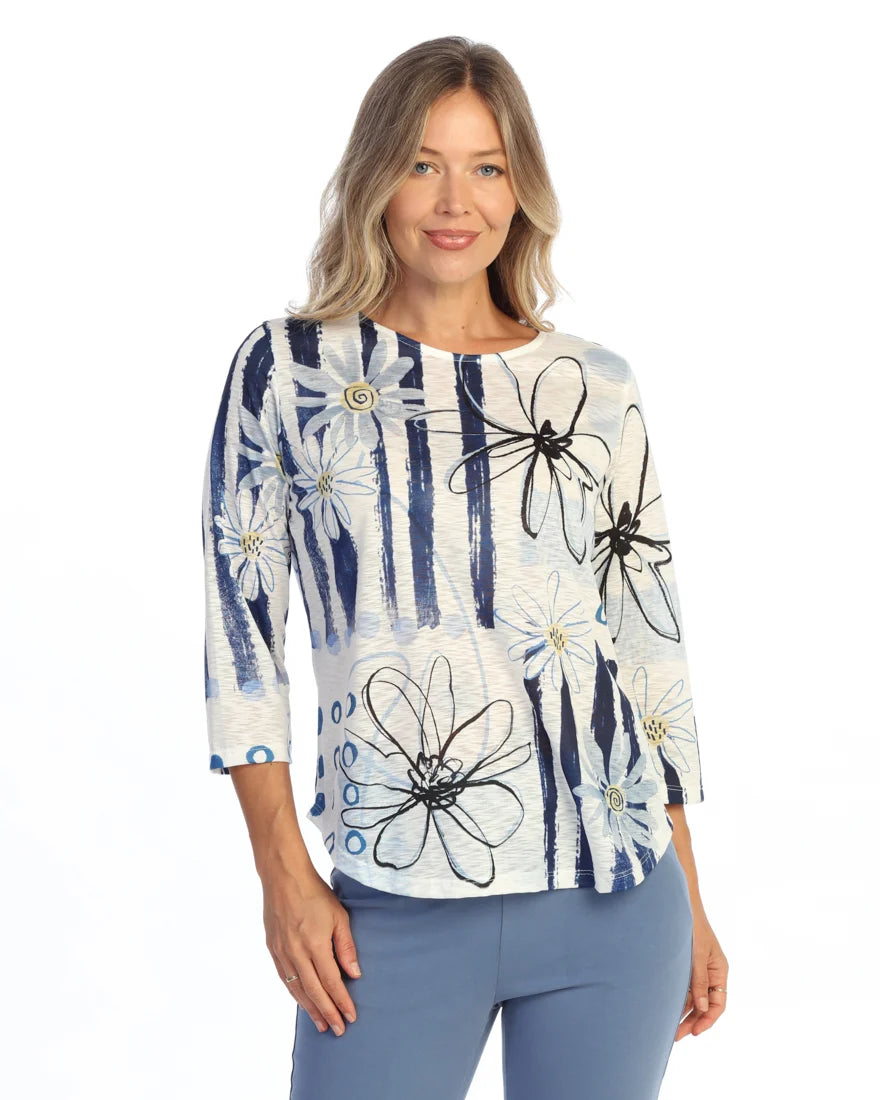 JESS & JANE Round Hem Long Sleeve Slub Top - 64-2290 - BLUE BLOOM