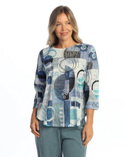 JESS & JANE Round Hem Long Sleeve Slub Top - 64-2319 - LAPIS