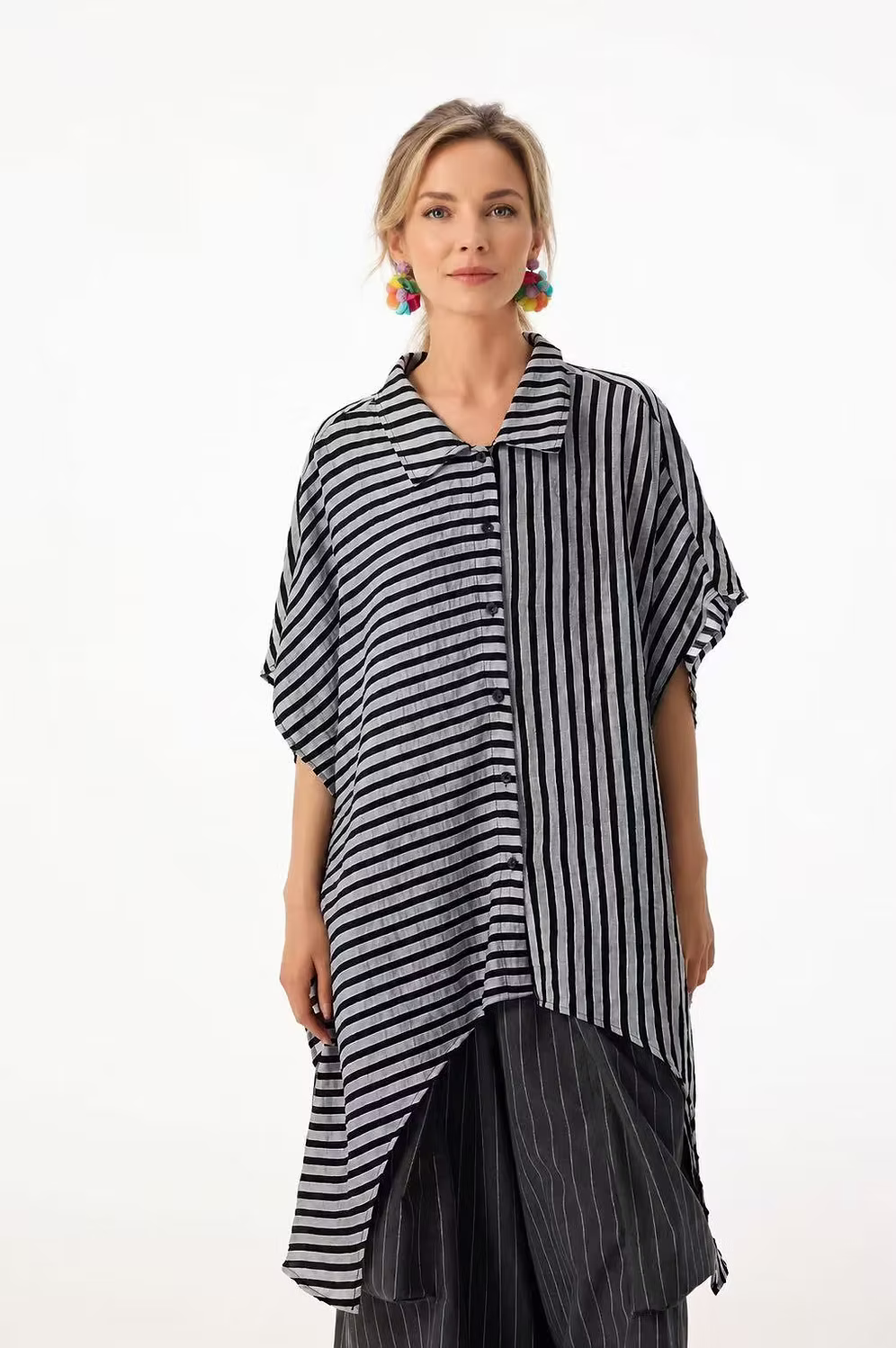 Vanite Couture Asymmetric Button Front Striped Tunique Top - 6589