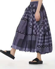 Vanite Couture Mixed Media Stripes and Polka Dots Long Skirt - 68182 - GREY/BLACK