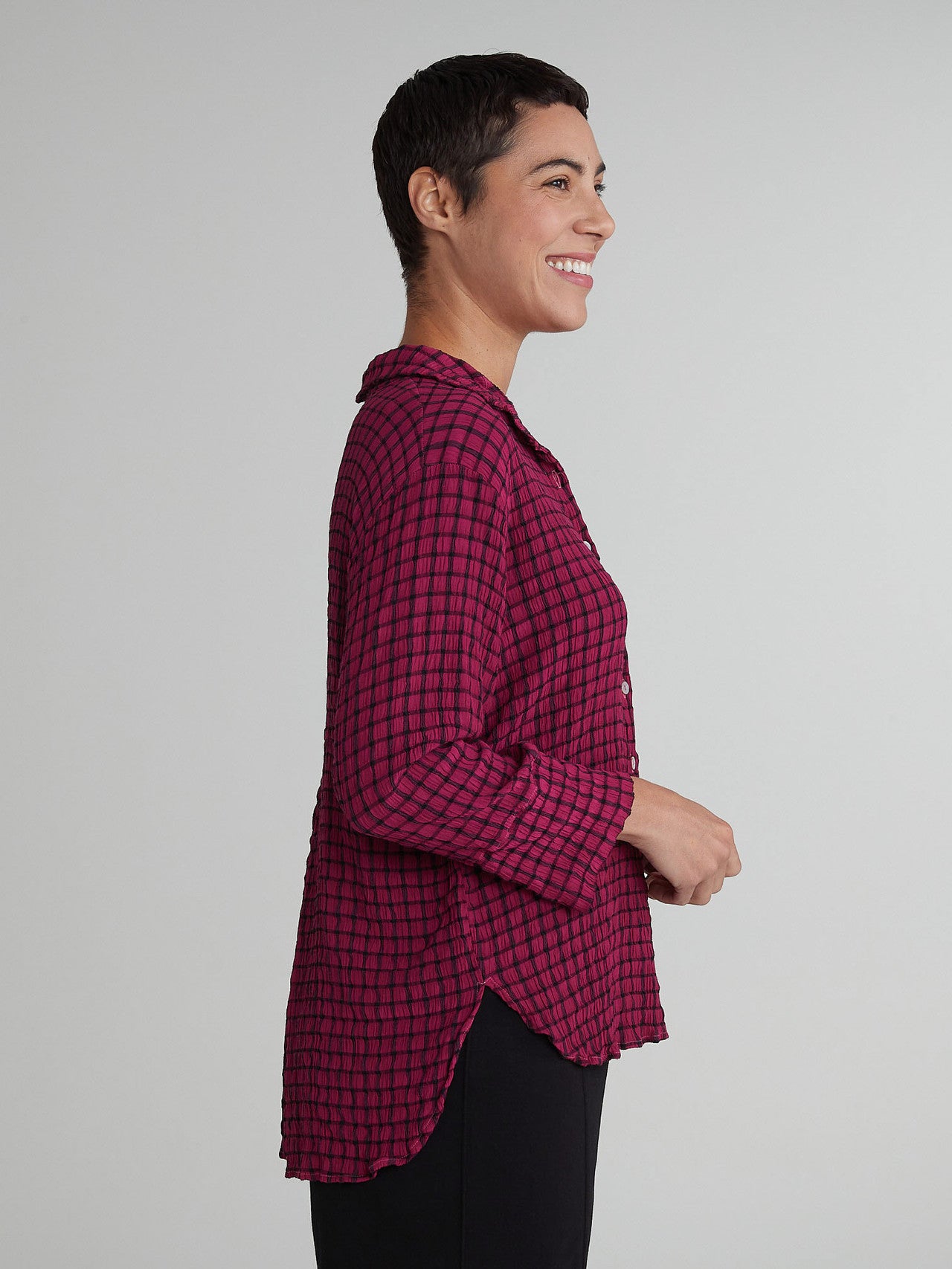 CUT LOOSE - Black Crinkle Plaid Crop Easy Shirt - 6826986