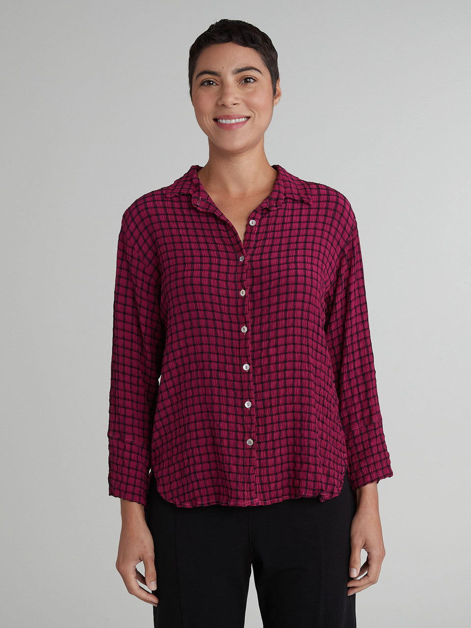 CUT LOOSE - Black Crinkle Plaid Crop Easy Shirt - 6826986