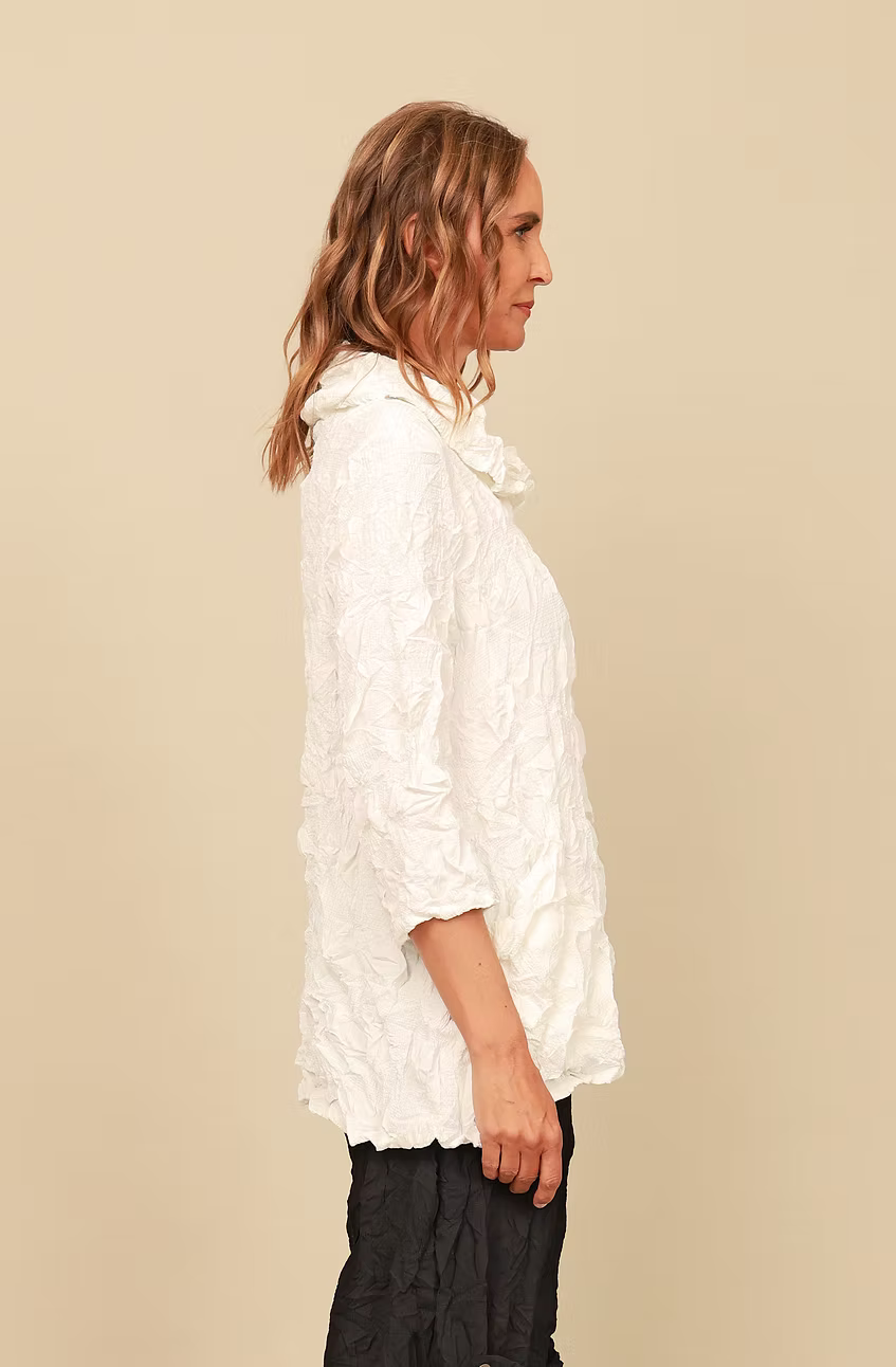 Chalet Gould Embossed Woven 3/4 Sleeve Cowl Neck Solid Top - T62411