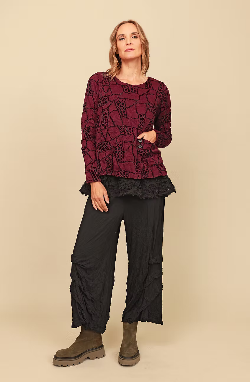 Chalet Gizel Long Sleeve Recycled Crinkle Jersey Top with Abstract Black Geometric Detailing - CB62318