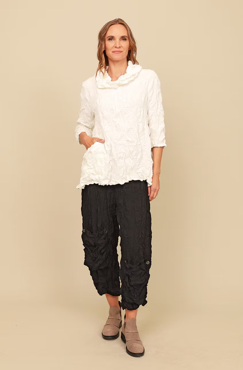 Chalet Gould Embossed Woven 3/4 Sleeve Cowl Neck Solid Top - T62411