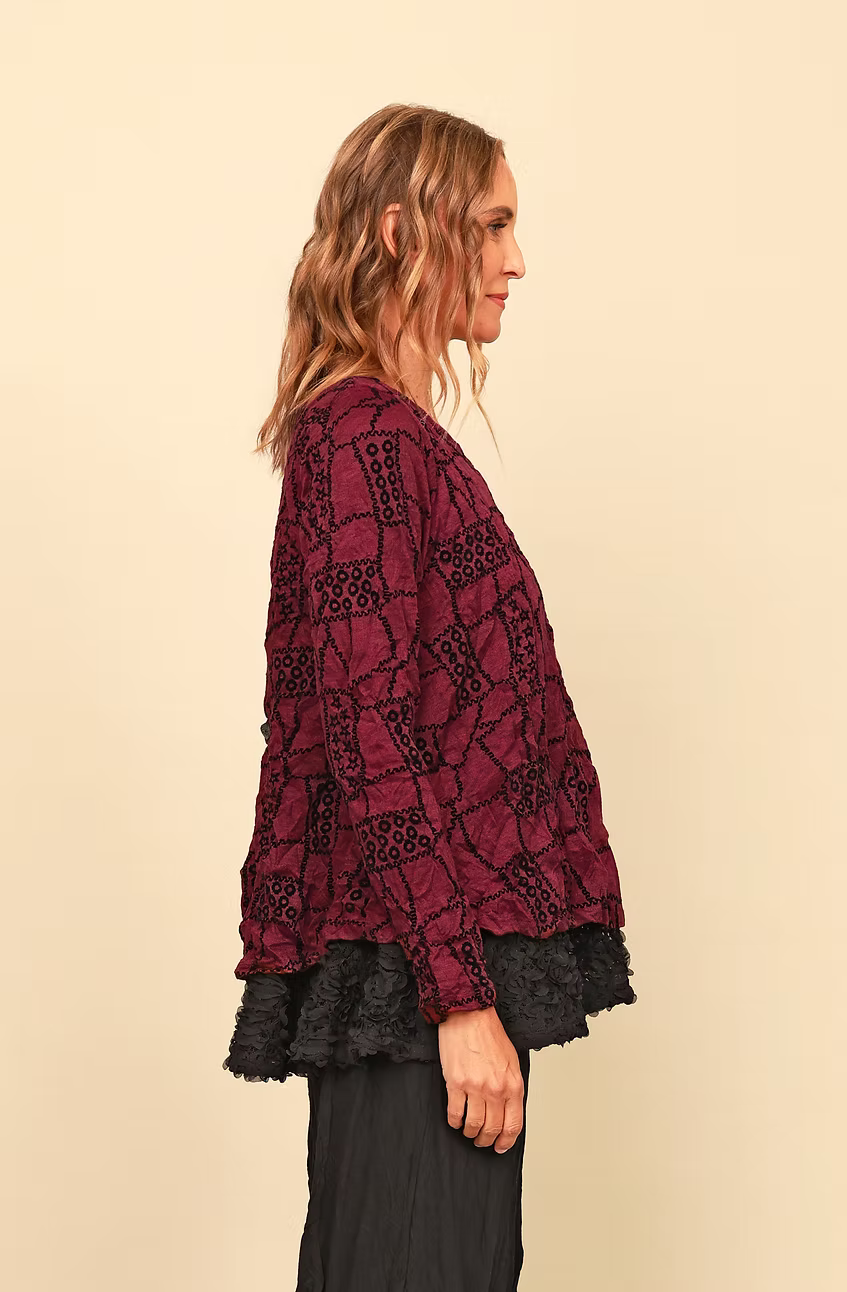 Chalet Gizel Long Sleeve Recycled Crinkle Jersey Top with Abstract Black Geometric Detailing - CB62318