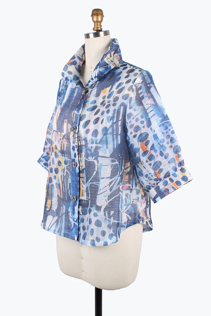 DAMEE LINES DOTS ORGANZA BLOUSE- 7101- BLU