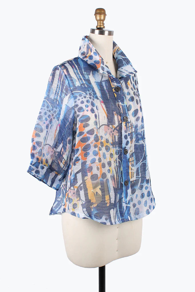 DAMEE LINES DOTS ORGANZA BLOUSE- 7101- BLU
