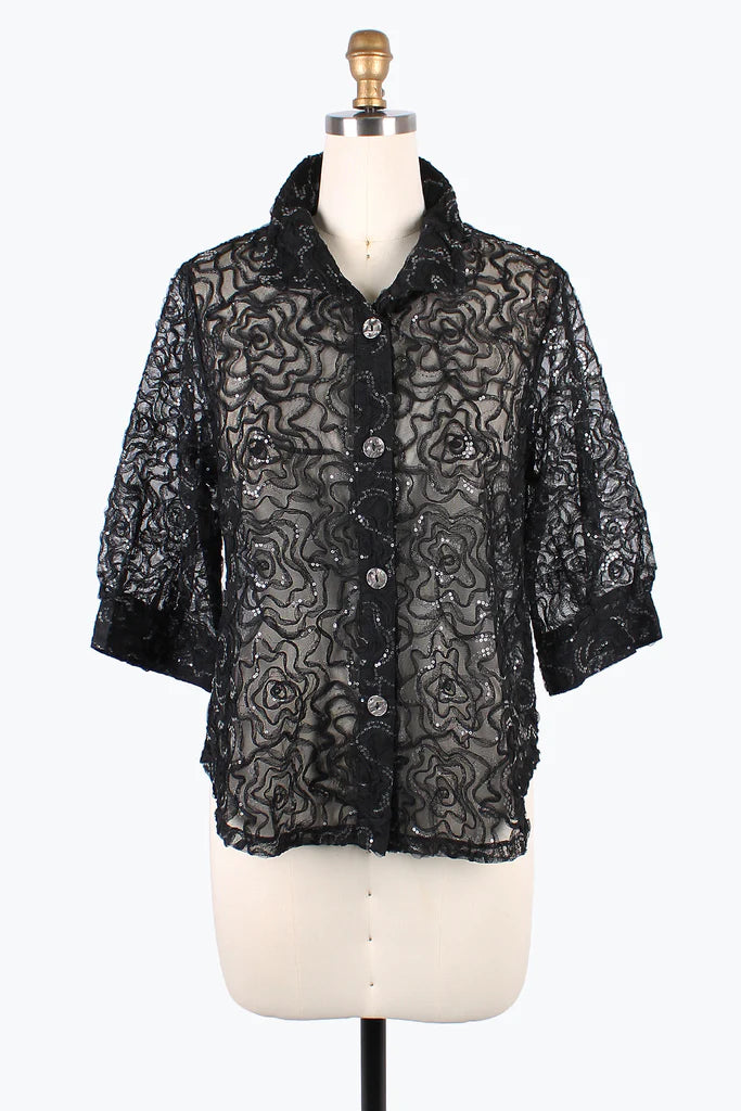 DAMEE FLOWER & SEQUINS MESH BLOUSE- 7102- BLK