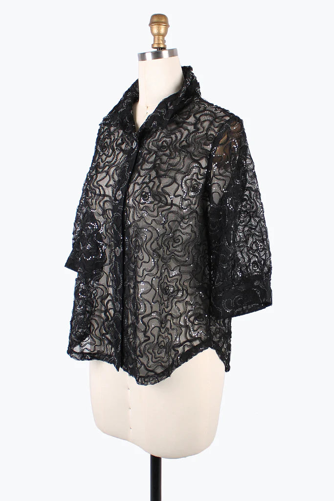DAMEE FLOWER & SEQUINS MESH BLOUSE- 7102- BLK