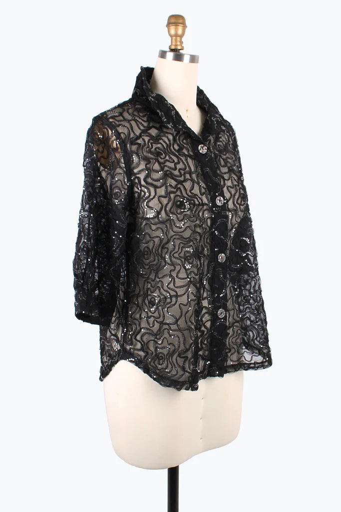 DAMEE FLOWER & SEQUINS MESH BLOUSE- 7102- BLK