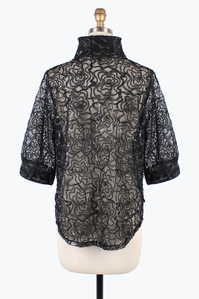 DAMEE FLOWER & SEQUINS MESH BLOUSE- 7102- BLK