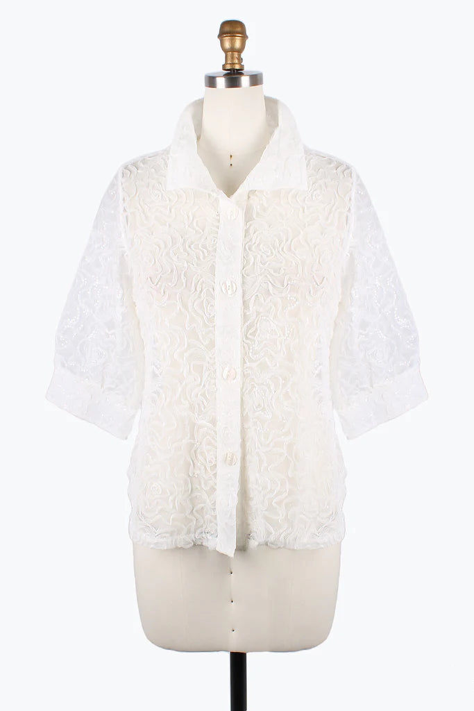 DAMEE FLOWER & SEQUINS MESH BLOUSE- 7102- WHT