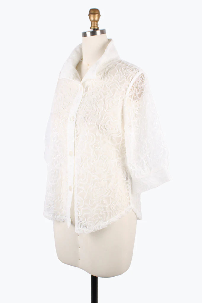 DAMEE FLOWER & SEQUINS MESH BLOUSE- 7102- WHT