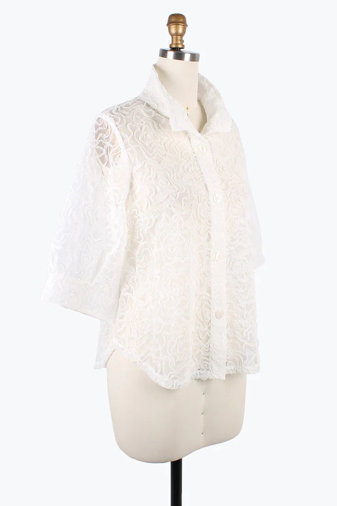 DAMEE FLOWER & SEQUINS MESH BLOUSE- 7102- WHT