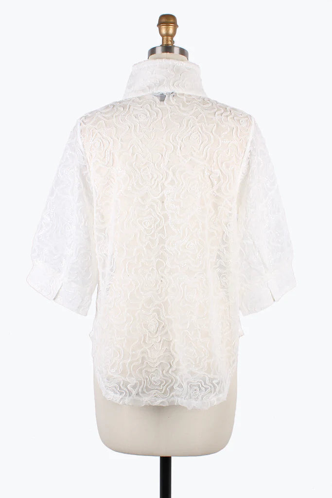 DAMEE FLOWER & SEQUINS MESH BLOUSE- 7102- WHT