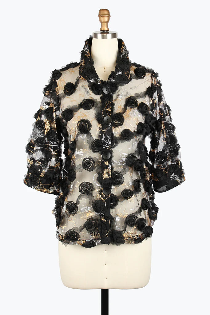 DAMEE FOIL & 3D ROSETTE MESH BLOUSE - 7117-BLK
