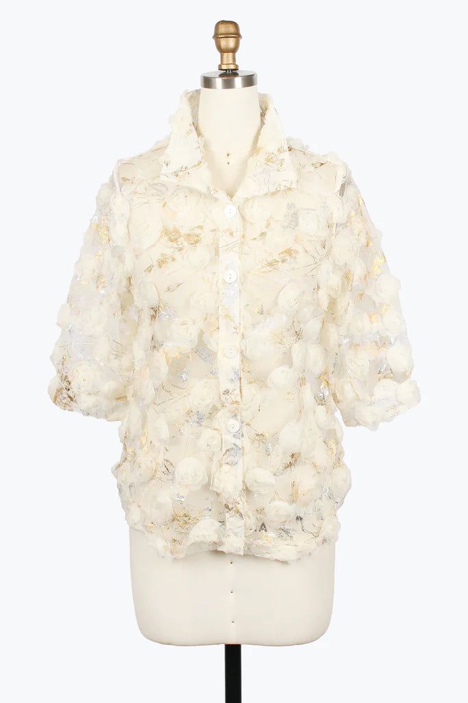DAMEE FOIL&ROSETTE MESH BLOUSE - 7121-IVR