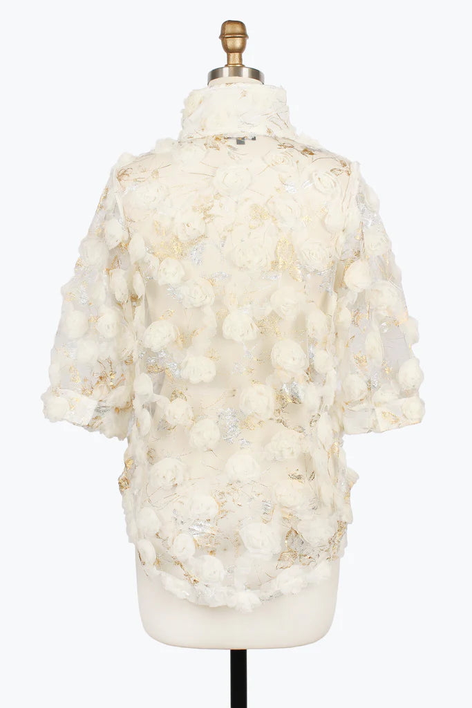 DAMEE FOIL&ROSETTE MESH BLOUSE - 7121-IVR