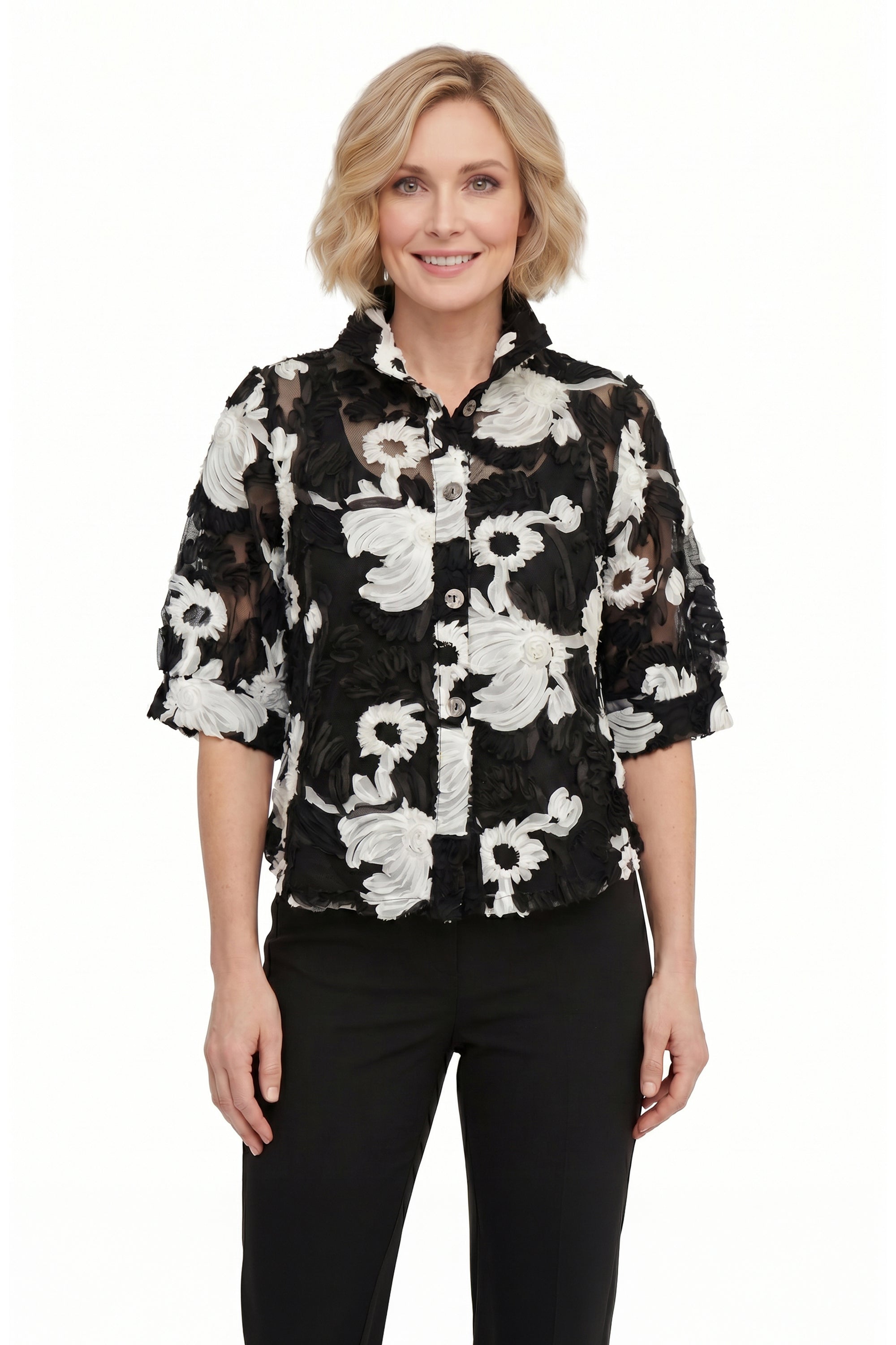 DAMEE BLACK AND WHITE FLORAL SPECIAL OCCASION BUTTON DOWN COLLARED JACKET - 7125 - BLACK