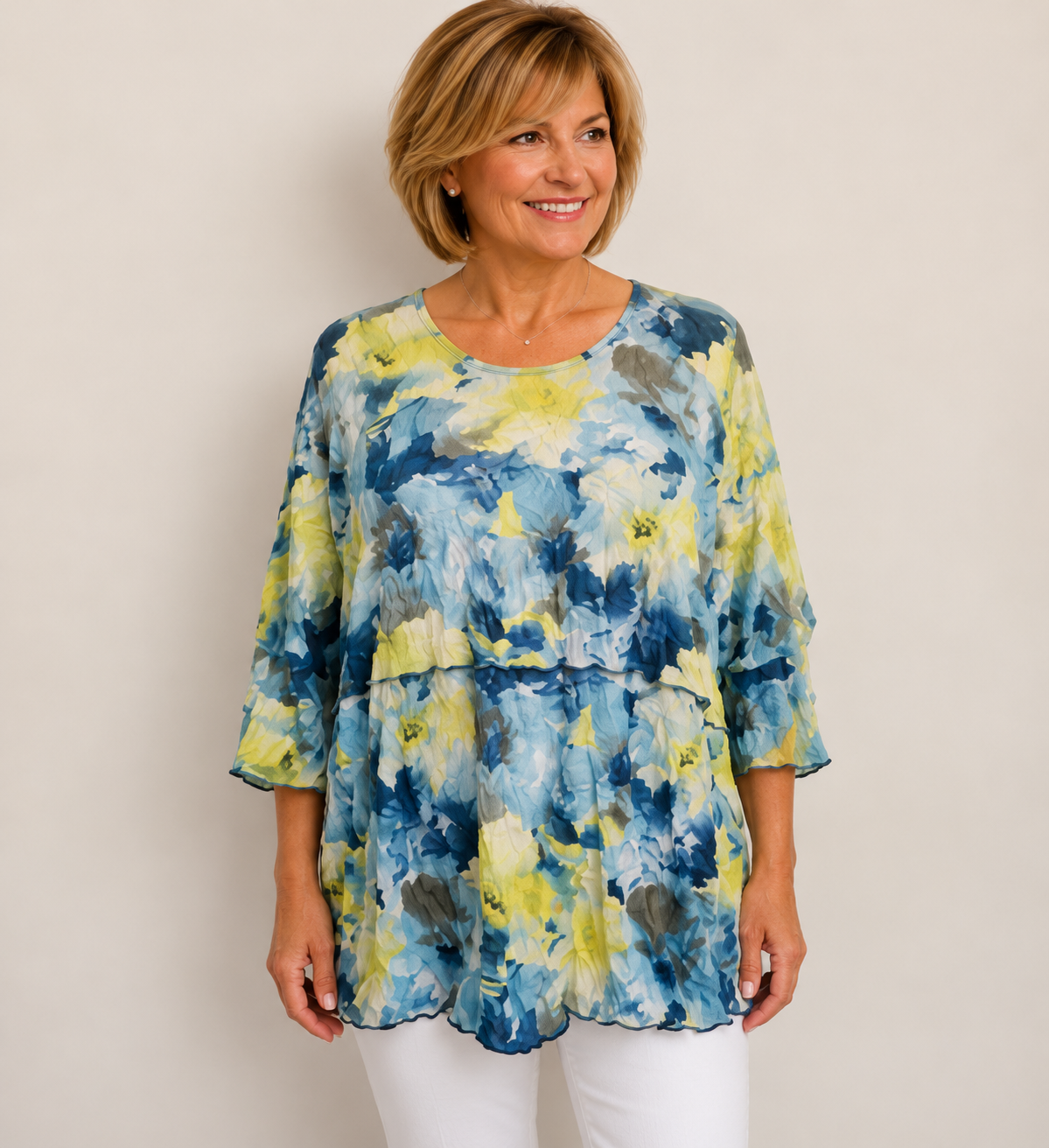 Vine Street Crinkle Tunic Tee - 727 - DENIM FLORAL