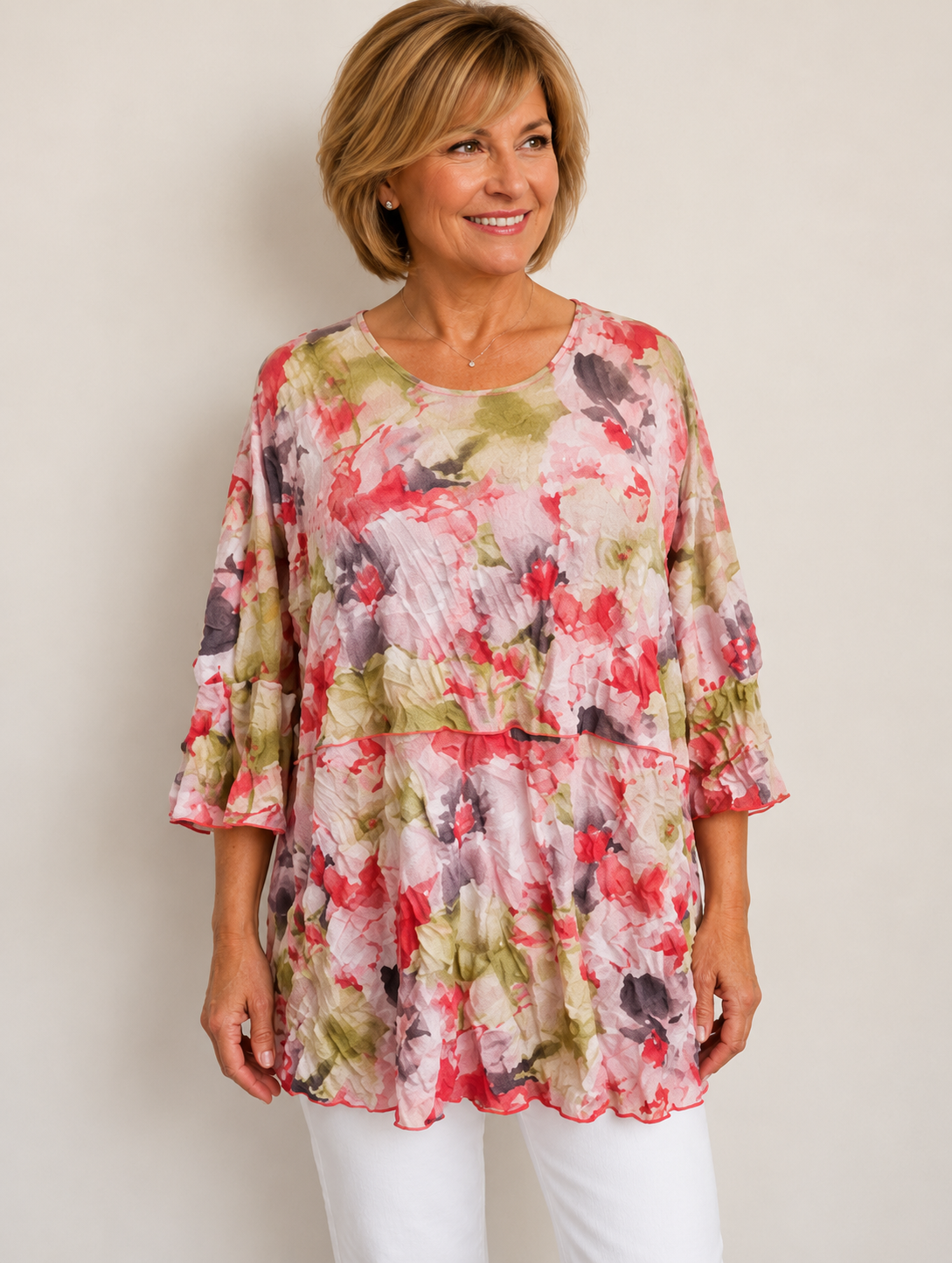 Vine Street Crinkle Tunic Tee - 727 - PINK FLORAL