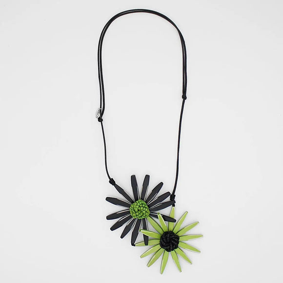 SYLCA Black & Green Amaya Double Flower Statement Charm Necklace