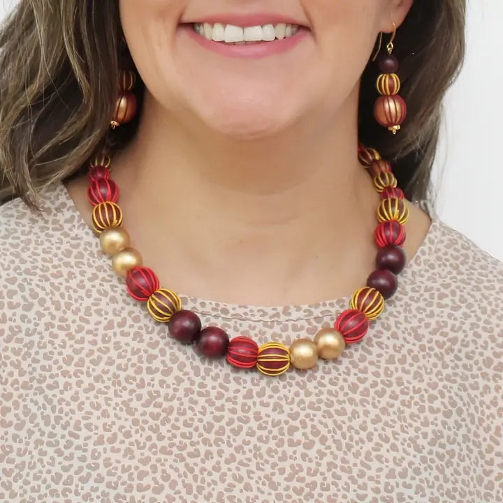 SYLCA Threaded Art Deco Necklace - SD26N34 - MAROON/GOLD