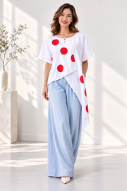 Vanite Couture Asymmetric Polka Dot Top - 80033 - WHITE/RED