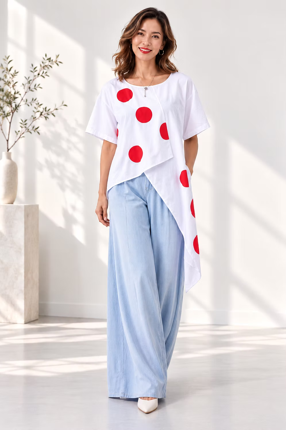 Vanite Couture Asymmetric Polka Dot Top - 80033 - WHITE/RED