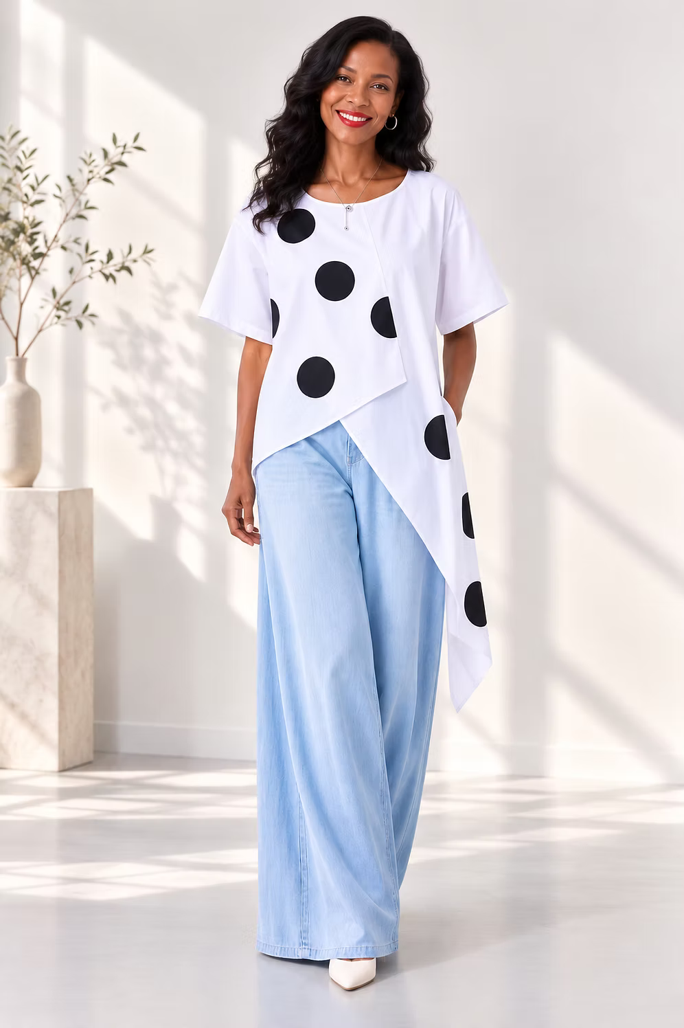 Vanite Couture Asymmetric Polka Dot Top - 80033 - WHITE/BLACK