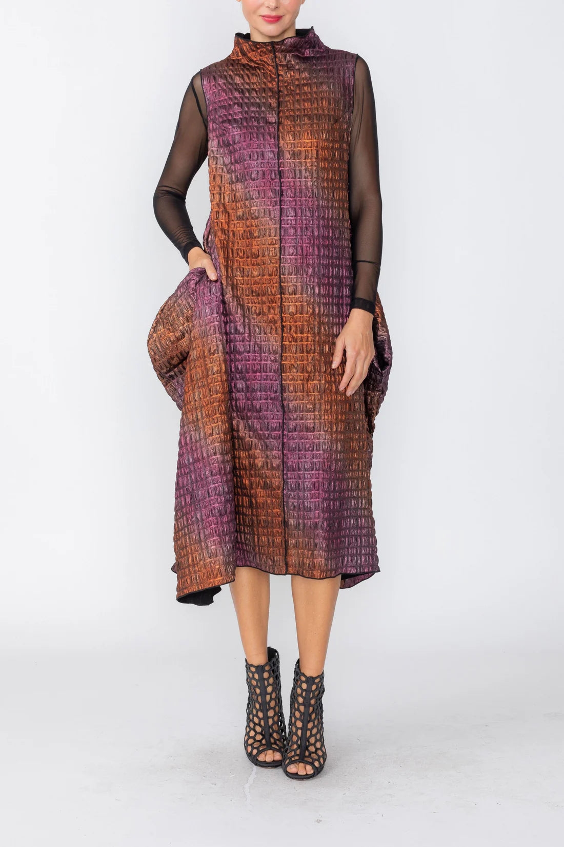 IC COLLECTION Dress - 8054D - ORANGE AND FUCHSIA