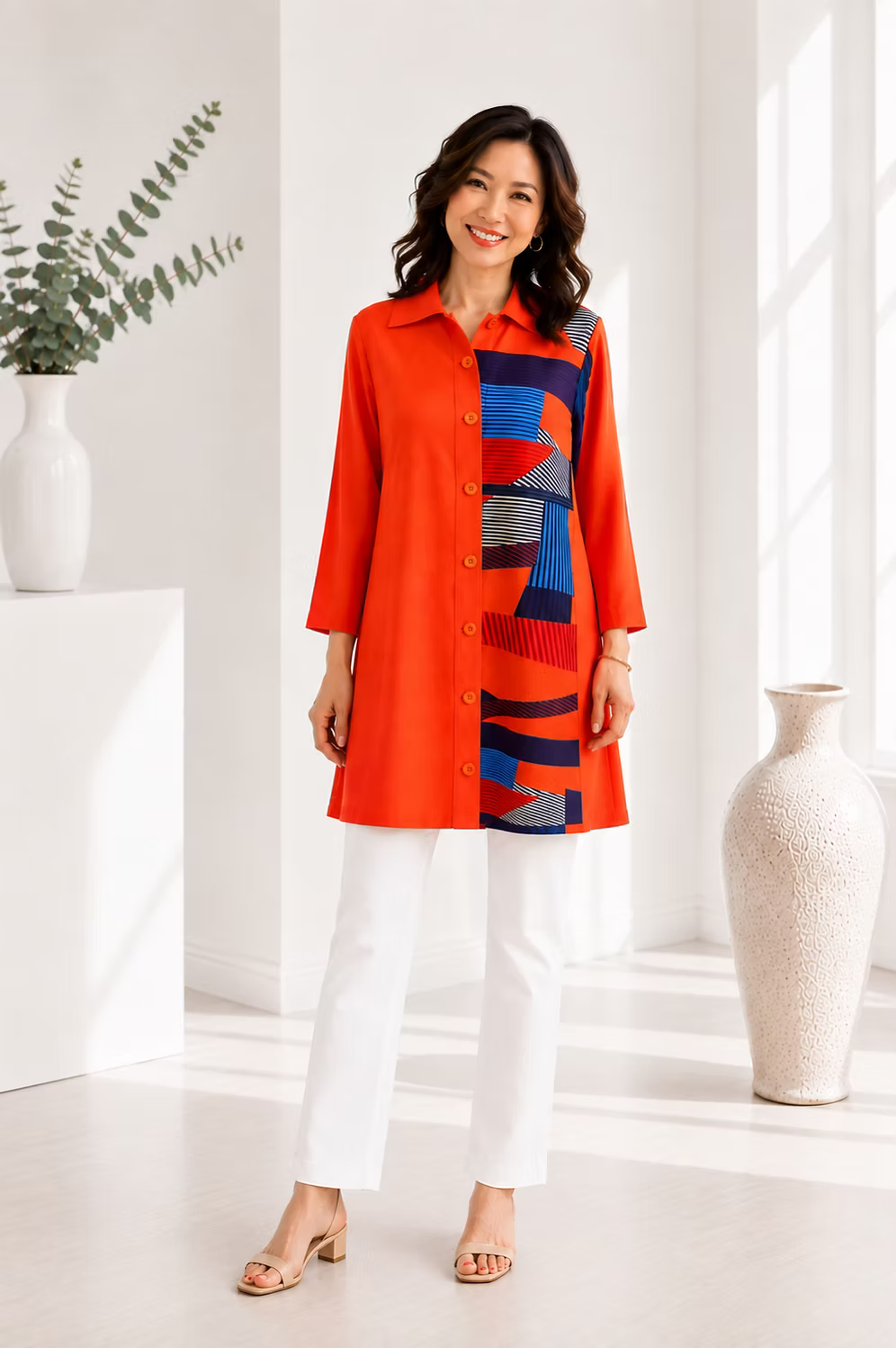Vanite Couture Button Front Pleated Abstract Contrasting Jacket/Dress - 81805 - ORANGE MULTI