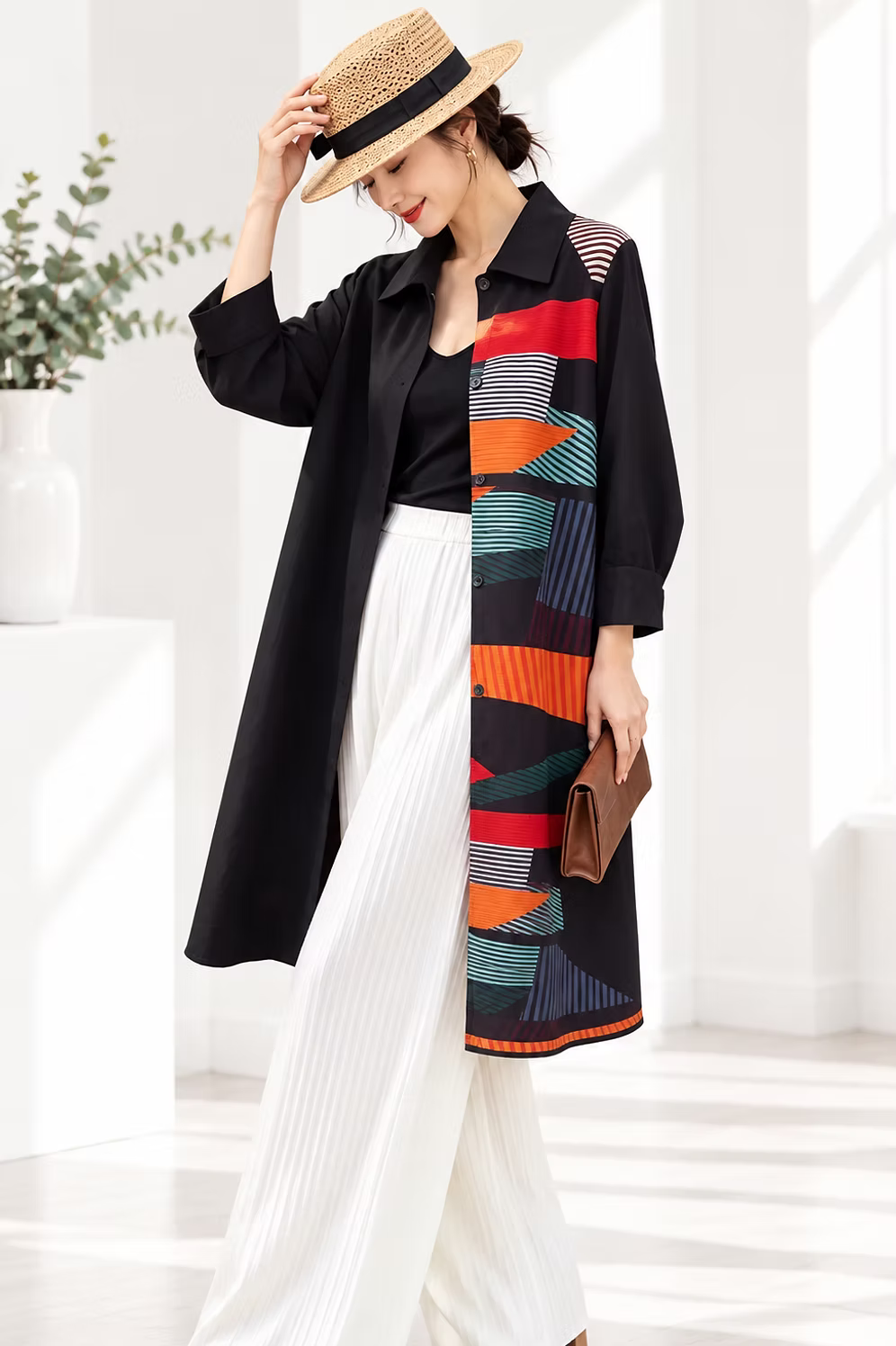 Vanite Couture Button Front Pleated Abstract Contrasting Jacket/Dress - 81805 - BLACK MULTI