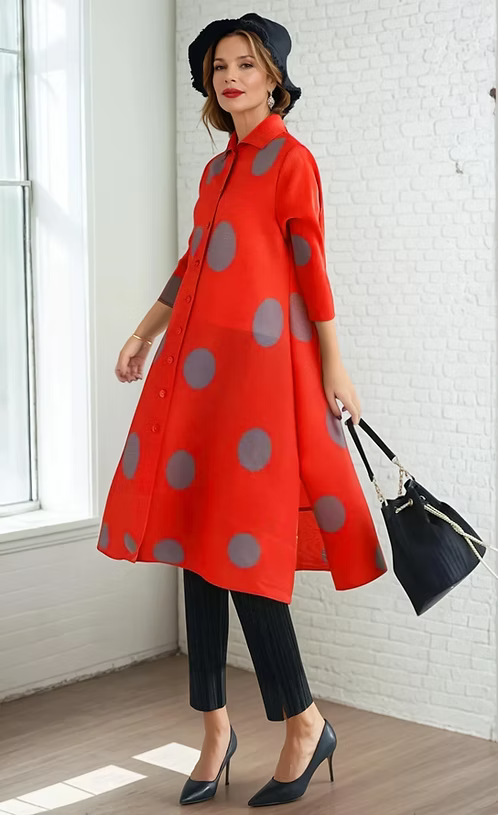 Vanite Couture Button Front Polka Dot Dress - 81819 - CORAL/GREY