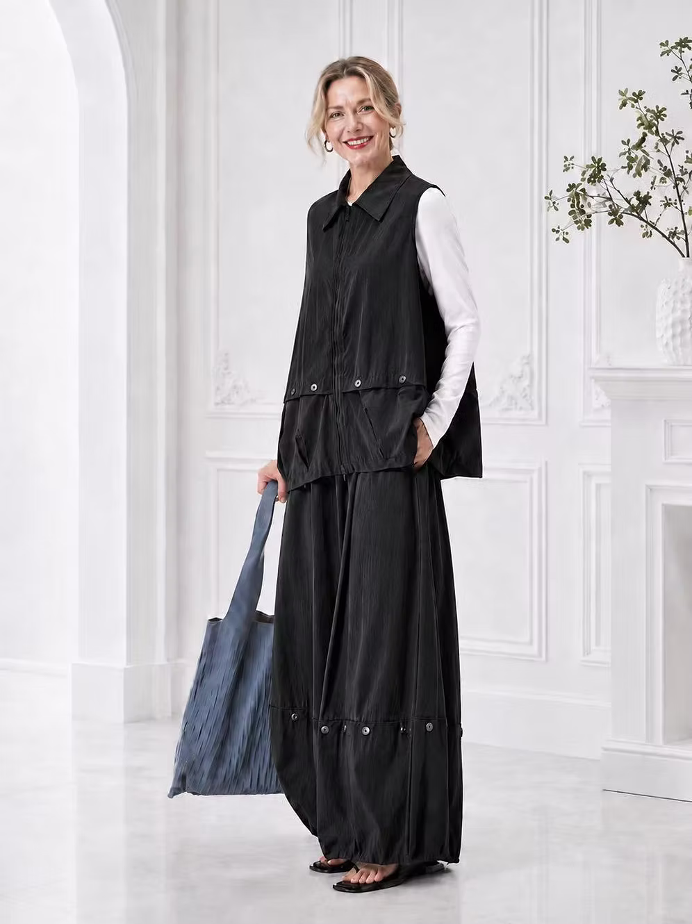 Vanite Couture Zip Front Snap Detail Solid Vest - 81950 - BLACK