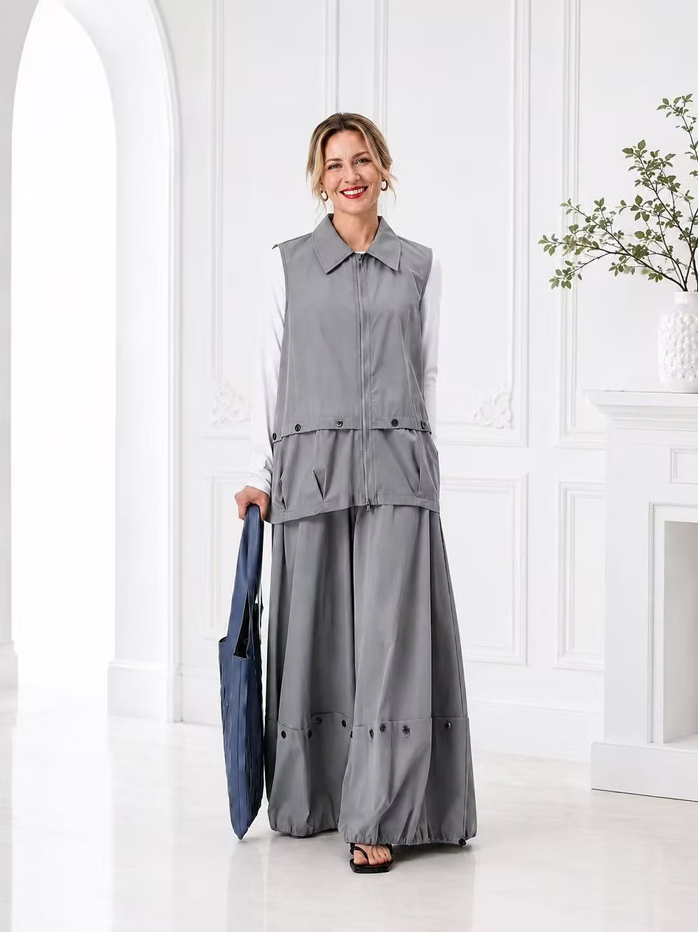Vanite Couture Zip Front Snap Detail Solid Vest - 81950 - GREY