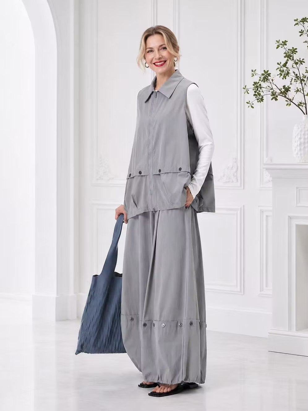 Vanite Couture Zip Front Snap Detail Solid Vest - 81950 - GREY