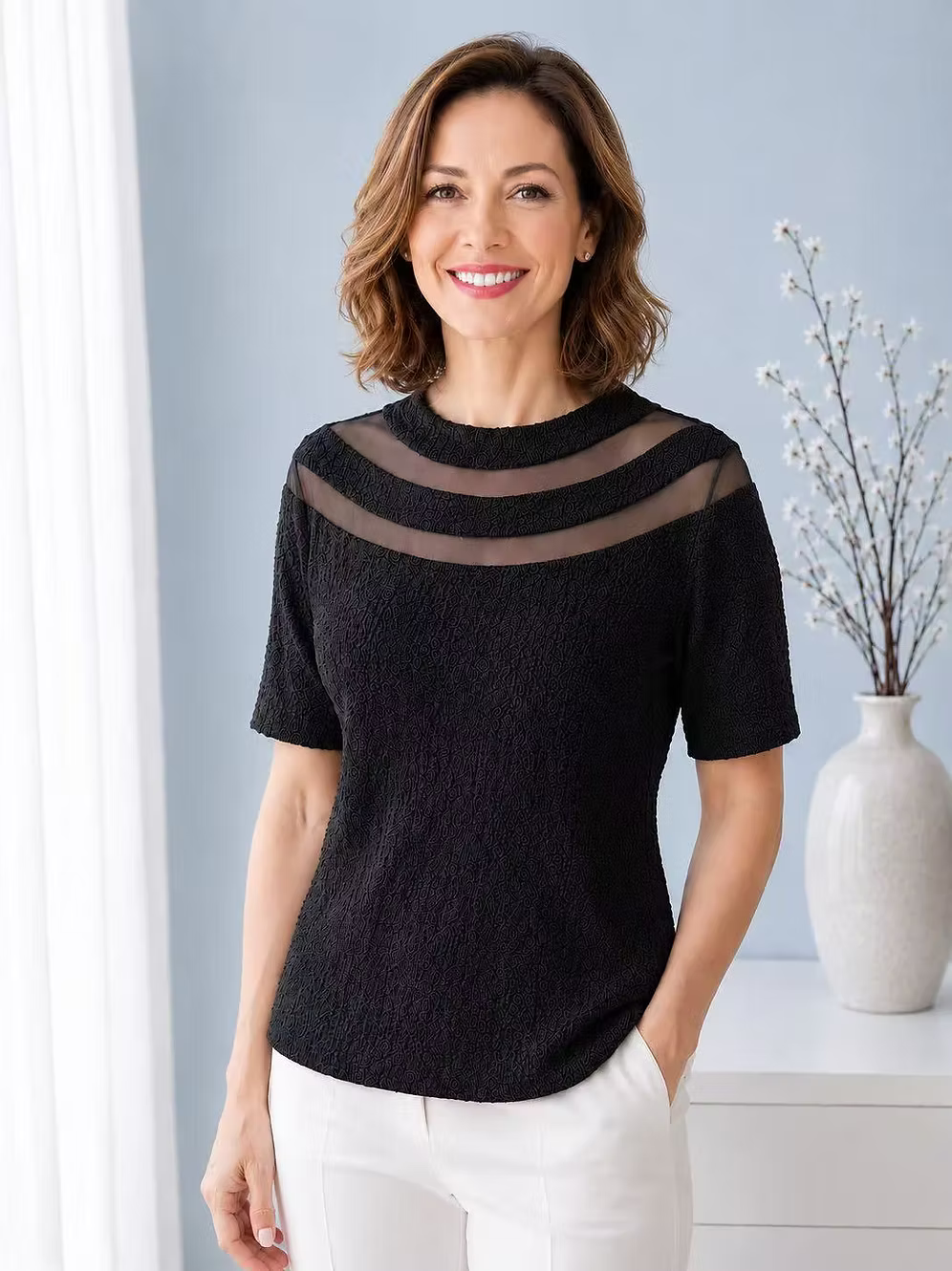 Vanite Couture Pleated Sheer Detail Top - 821227 - BLACK