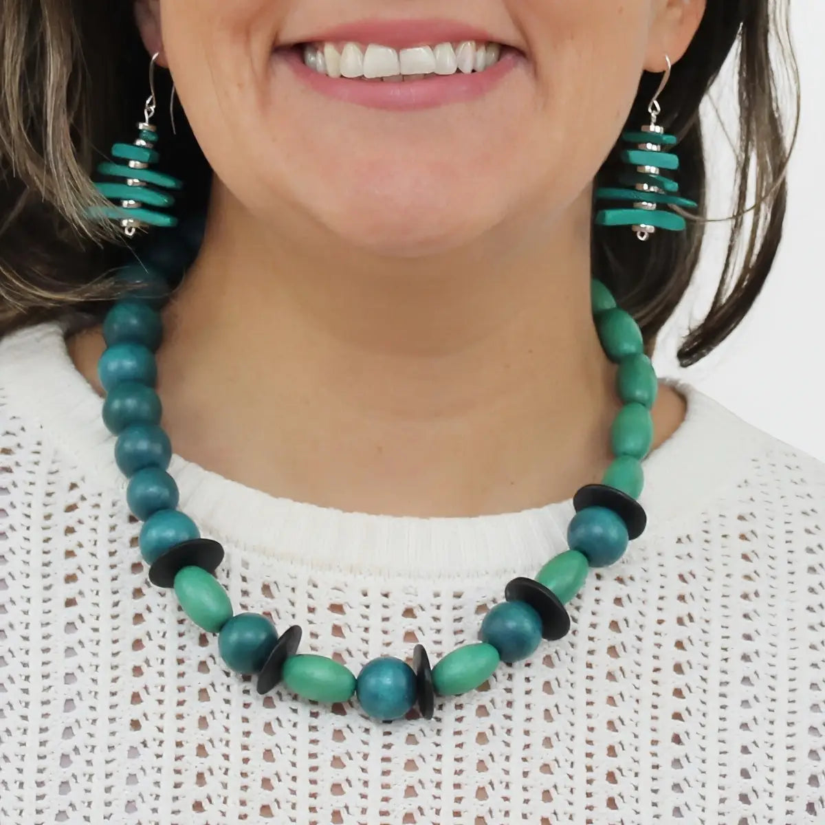 SYLCA Teal and Aqua Wood Statement Necklace - SD25N63 - TEAL