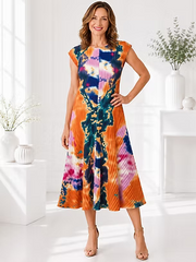 Vanite Couture Abstract Sleeveless Ribbed Dress - 87813 - ORANGE/BLUE MULTI