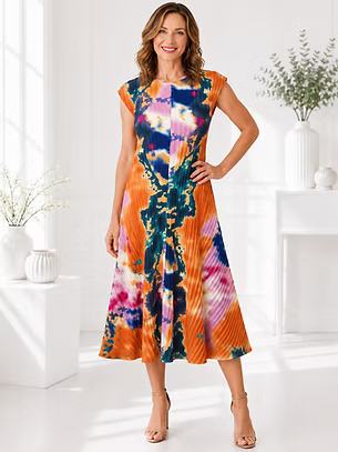 Vanite Couture Abstract Sleeveless Ribbed Dress - 87813 - ORANGE/BLUE MULTI
