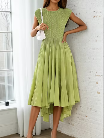 Vanite Couture Pleated and Textured Cap Sleeve Dress - 88076 - GREEN